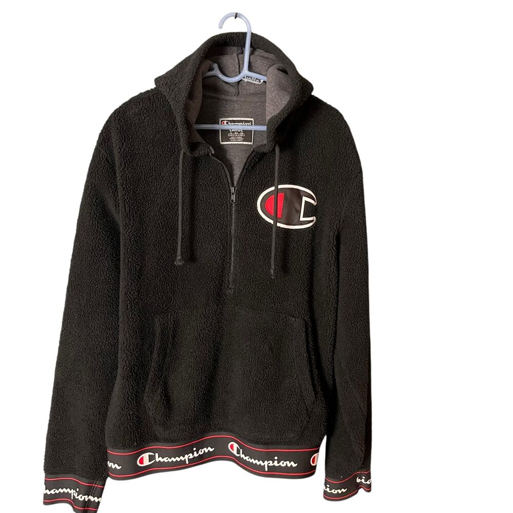 Champion Men’s Fleece Sherpa  Hoodie Large Half Zip Kangaroo Pocket Teddy Logo